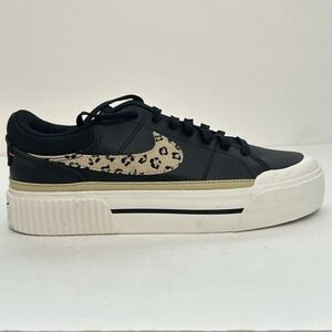Nike Court Legacy Lift Womens 9.5 Black Khaki Sail Cheetah Swoosh HF9548-001